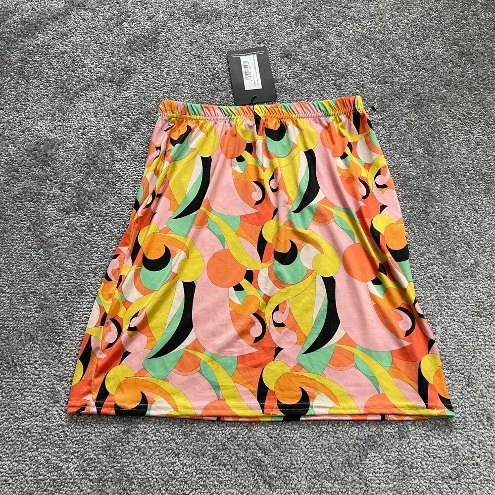 Pretty Little Thing Mini Skirt Womens 10 Multicolor Swirl Slinky Stretch NWT New